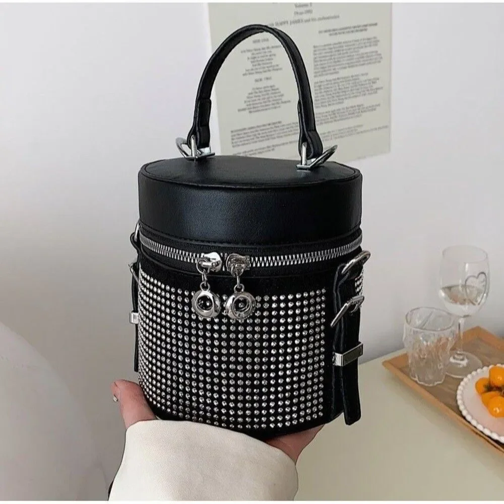 Women's Black Rhinestone Bucket Satchel Crossbody Handbag
